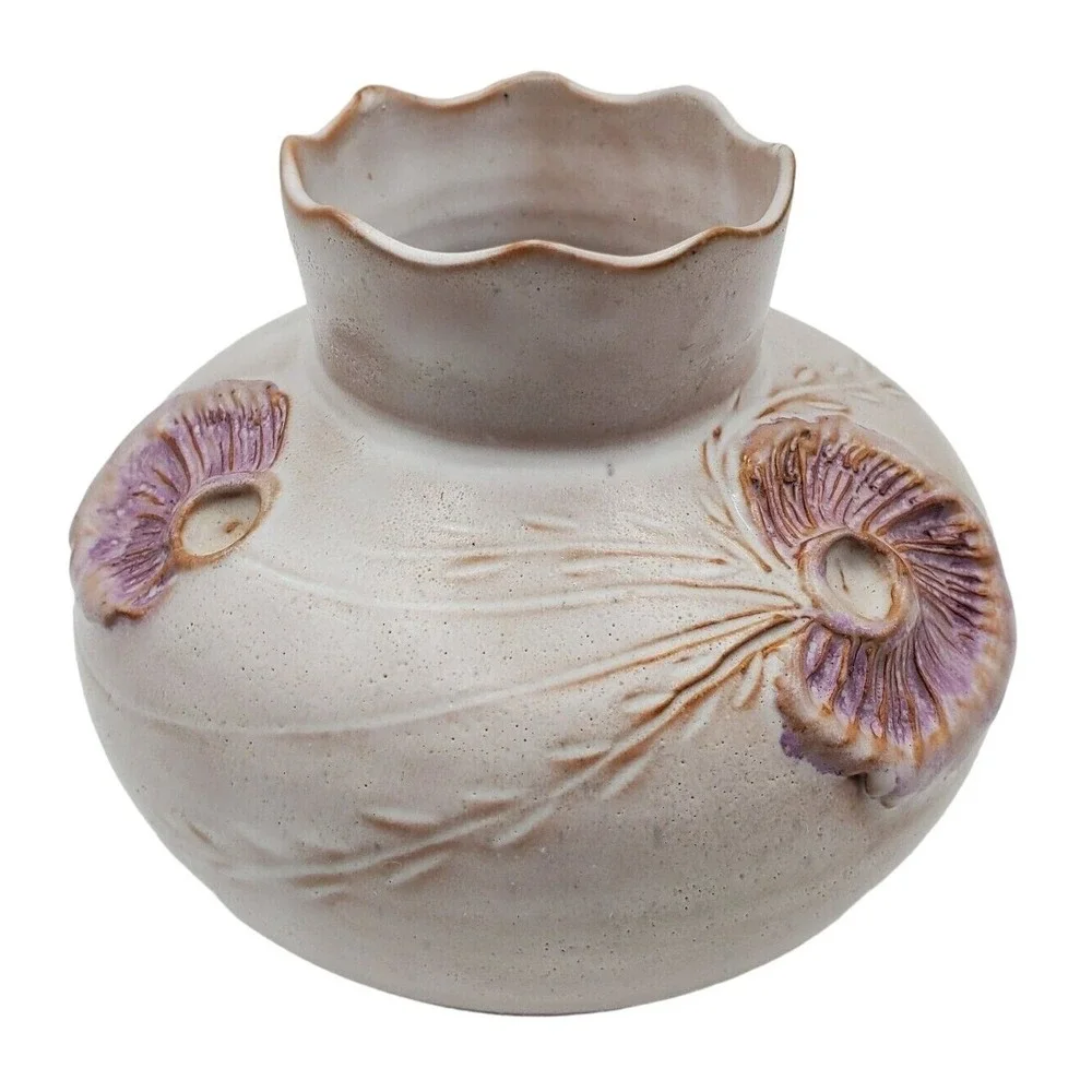Pink Squat Pottery Vase Ceramic Raised Floral Relief Scalloped Rim Signed Retro